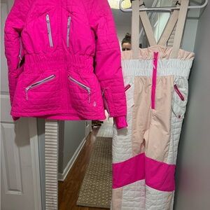 Pink and White Quilted Ski Jacket and Pants Set